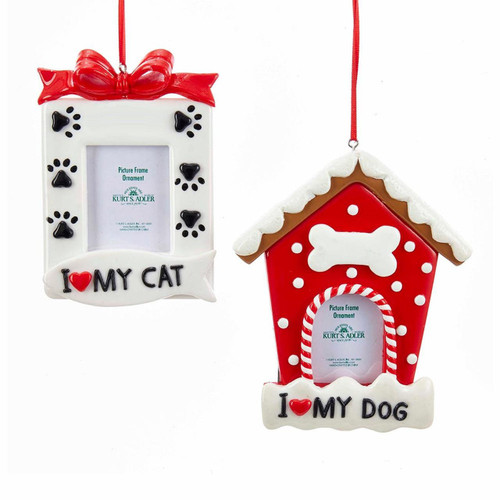 Red and White Dog and Cat Picture Frame Ornaments, 2 Assorted