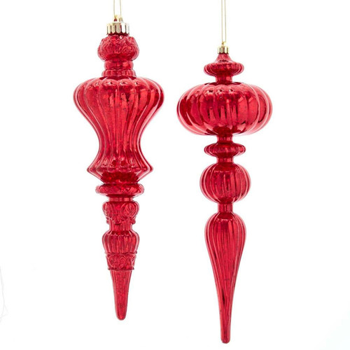 12“ Red Distressed Finish Finial Ornaments, 2 Assorted