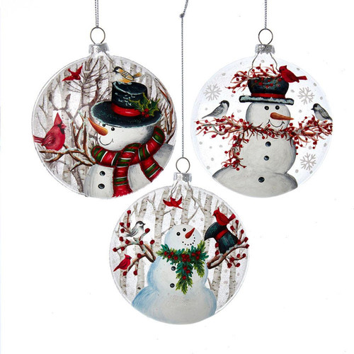 Glass Snowman With Birds Ornaments, 3 Assorted