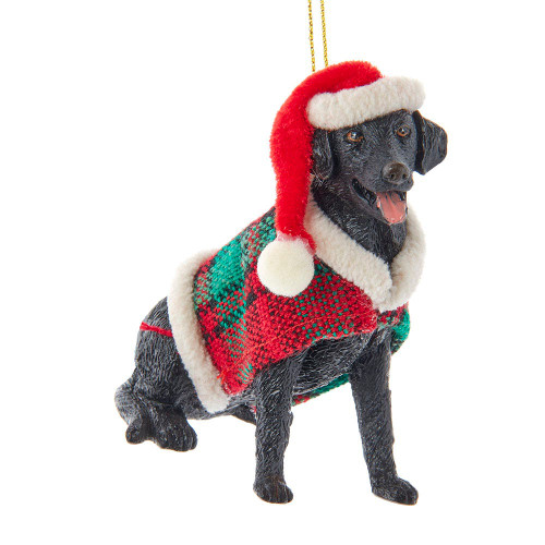 Black Labrador With Plaid Coat and Santa Hat Ornament