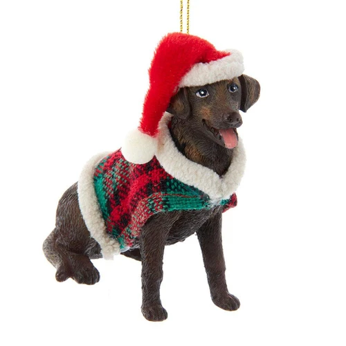 Chocolate Brown Labrador With Plaid Coat and Santa Hat Ornament