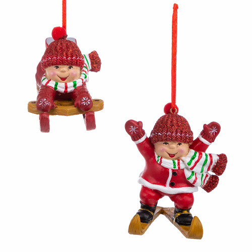 Snowman Kid On Sled and Skis Ornaments, 2 Assorted
