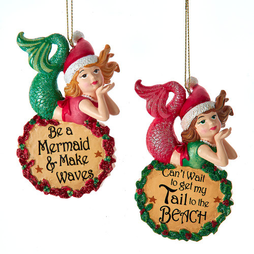 Red & Green Mermaid Ornaments, 2 Assorted