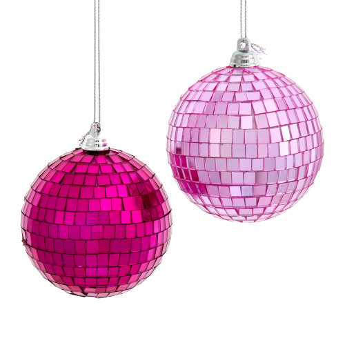 3.15“ Glass Pink Mirrored Ball Ornaments, 2 Assorted
