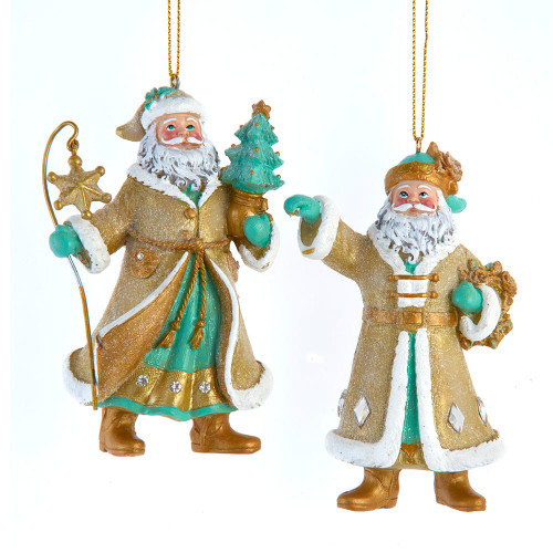 Aqua & Gold Santa Ornaments, 2 Assorted