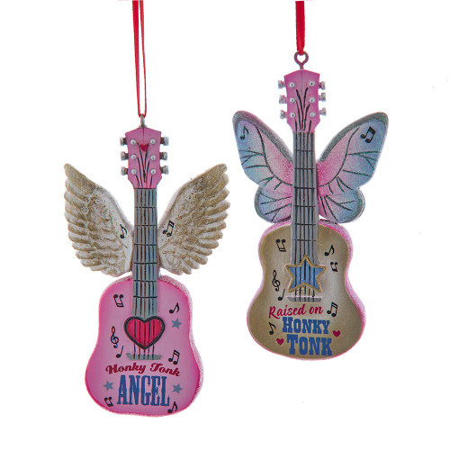 Guitar With Angel Wings Ornaments, 2 Assorted