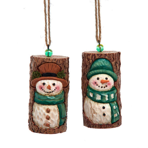 Winter Green Tree Bark Snowman Ornaments, 2 Assorted