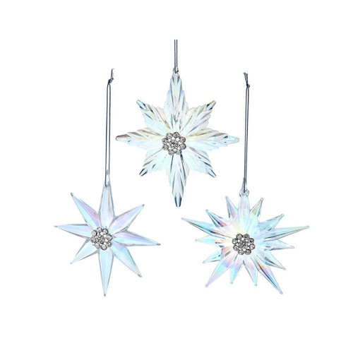 Opalescent Snowflake With Stones Ornaments, 3 Assorted