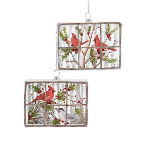 Glass Window Pane With Cardinal Ornaments, 2 Assorted