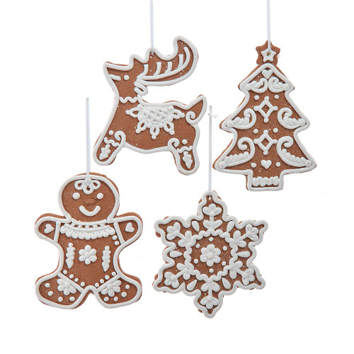Gingerbread Deer, Man, Snowflake & Tree Ornaments, 4 Assorted