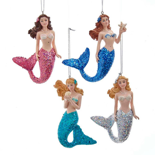Mermaid With Glittered Tail Ornaments, 4 Assorted