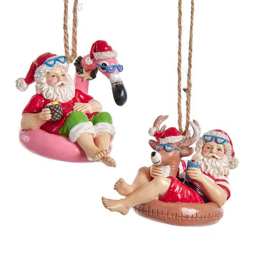 Beach Santa Sitting On Float Ornaments, 2 Assorted