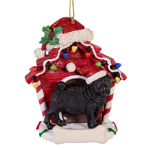 Black Pug With Dog House Ornament For Personalization