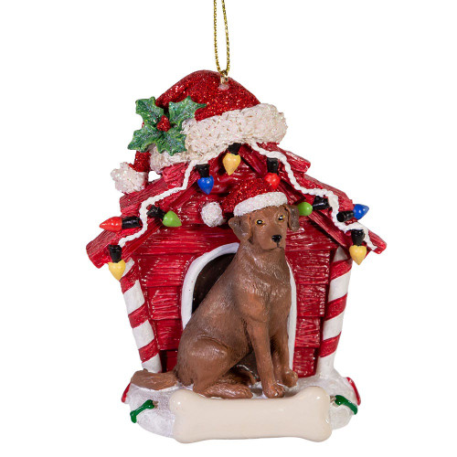 Chocolate Labrador Retriever With Dog House Ornament For Personalization