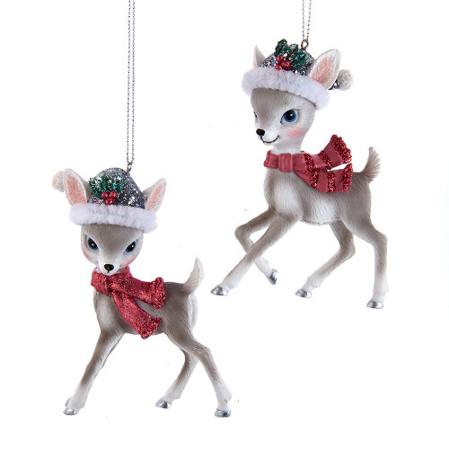Pink and Pewter Deer With Santa Hat Ornaments, 2 Assorted