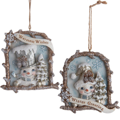 Rustic Glam Snowman In Log Window Ornaments, 2 Assorted