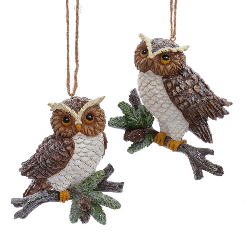 Pinecone Owl With Mica Ornaments, 2 Assorted