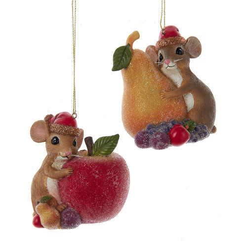 Sugar Frost Mouse With Santa Hat Holding Fruit Ornaments, 2 Assorted