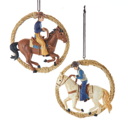 Western Cowboy Riding Horse With Rope Framed Ornaments, 2 Assorted