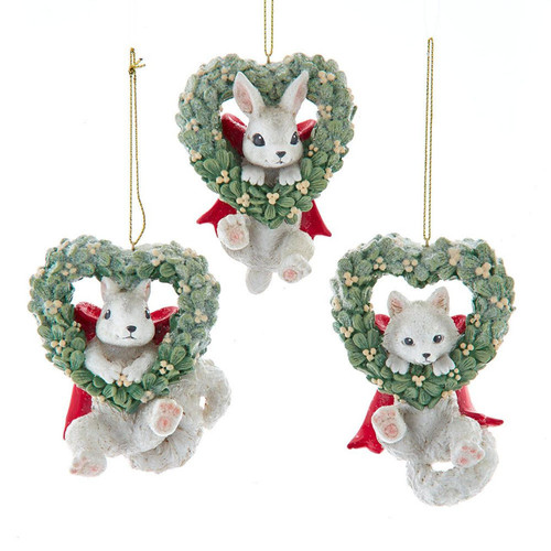Mistletoe Wreath With Baby Bunny, Fox & Squirrel Ornaments, 3 Assorted