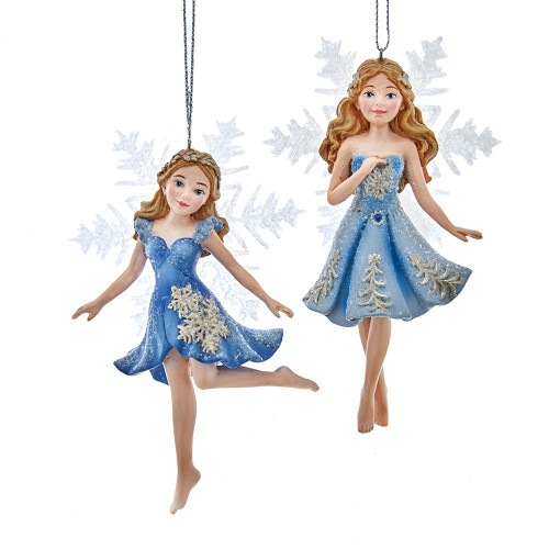 Fairy With Blue Dress and Snowflake Wings Ornaments, 2 Assorted
