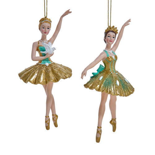 Aqua & Gold Ballerina Ornaments, 2 Assorted