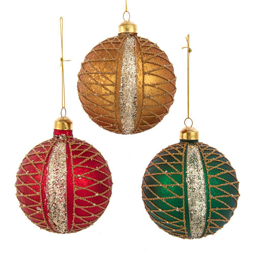 100MM Glass Red, Green and Gold Glittered Ball Ornaments, 3 Assorted