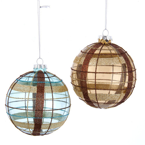 100MM Glass Transparent Brown & Blue Glittered Ball Ornaments, 2 Assorted