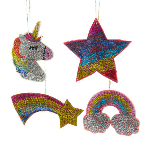 Bedazzled Unicorn, Rainbow & Star Ornaments, 4 Assorted