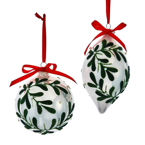 Glass Pearlized White With Mistletoe Design Ball & Drop Ornaments, 2 Assorted