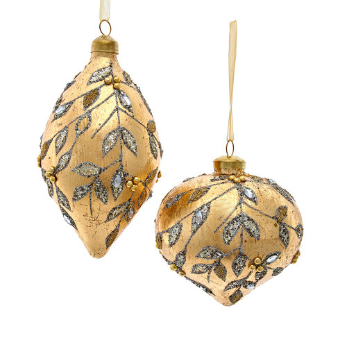 Glass Gold Leaf With Silver Accents Onion & Drop Ornaments, 2 Assorted