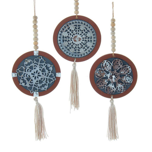 Wooden Back Metal Round Ornaments, 3 Assorted