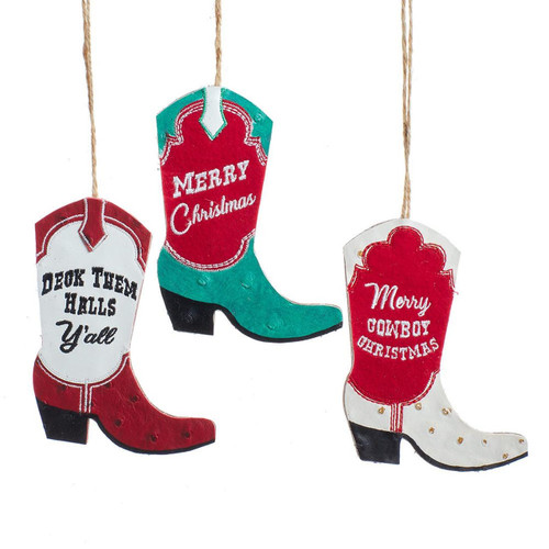 Wooden and Leather Textured Cowboy Boot Ornaments, 3 Assorted