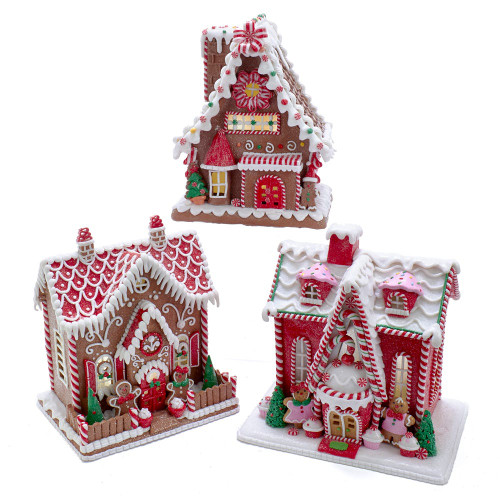 9“ - 10“ Battery-Operated LED Gingerbread Houses, 3 Assorted
