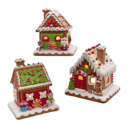 Battery Operated LED Red, White & Green Gingerbread House Table Pieces, 3 Assorted