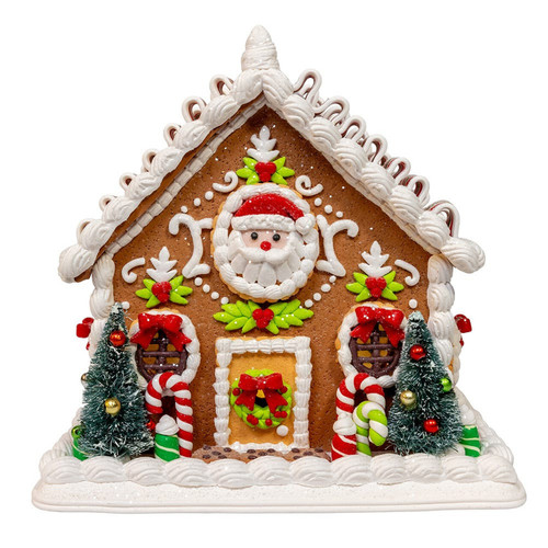9“ Battery Operated Gingerbread House With Santa & Ribbon Candy Roof