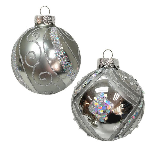 80MM Glass Silver Glitter and Sequins Ball Ornaments, 6-Piece Box