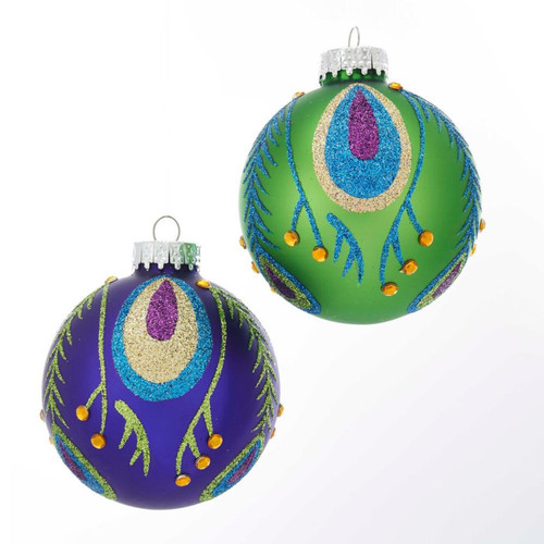 80MM Glass Peacock Purple and Green Ball Ornaments, 6-Piece Box