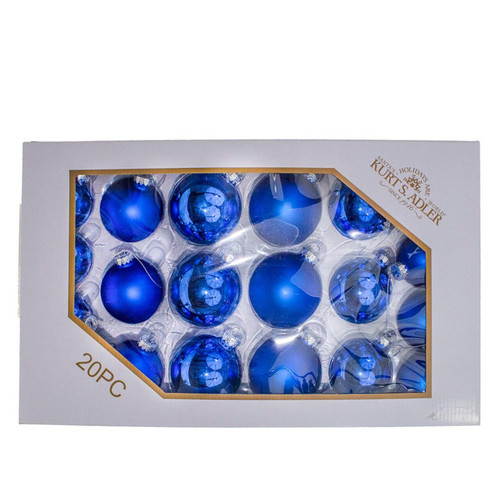 60MM - 80MM Glass Shiny and Matte Blue Mixed Ball Ornaments, 20-Piece Box