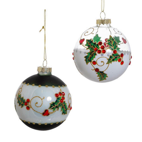 80MM Glass Holly Leaves and Berries Ball Ornaments, 6-Piece Box