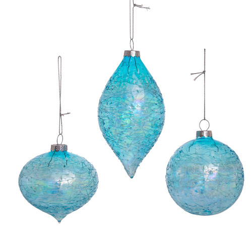 80MM Glass Blue Finial, Onion, and Ball Ornaments, 3-Piece Box