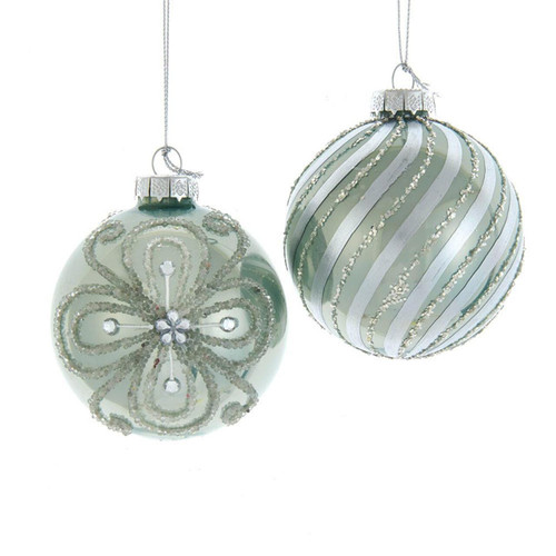 80MM Glass Silver and Aqua Embellished Ball Ornaments, 6-Piece Box