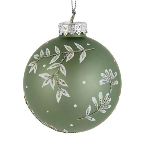 80MM Glass Green Leaf Design Ball Ornaments, 6-Piece Box