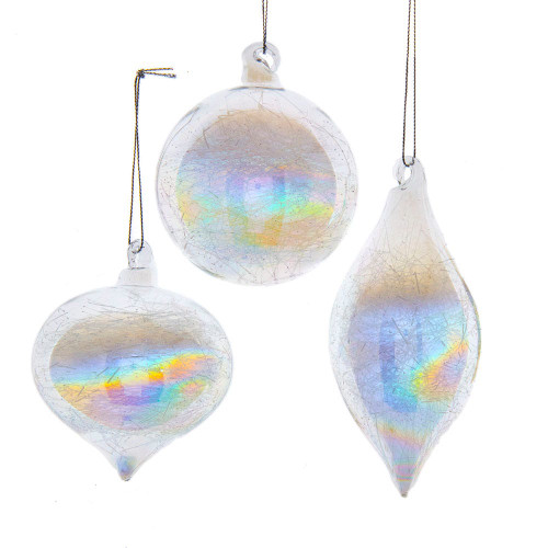 80MM Clear Iridescent Glass Ball, Onion and Tear Drop Ornaments, 3-Piece Box