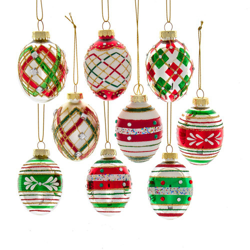 45MM Glass Red and Green Decorated Egg Ornaments, 9-Piece Box