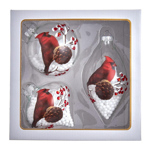 80MM Glass Transparent Cardinal Ball, Onion and Teardrop Shaped Ornaments, 3-Piece Box