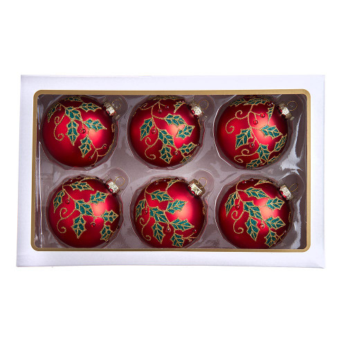 80MM Glass Red Ball With Holly and Berries Ornaments, 6 Piece Box