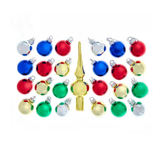 Glass Multicolor Ball Ornaments With Gold Treetop, 25-Piece Box