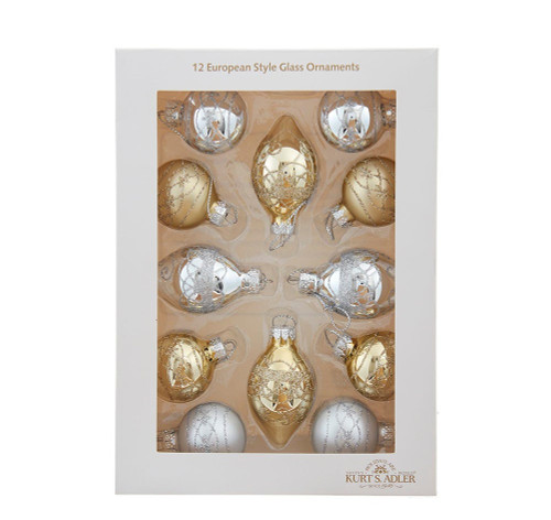 35MM Glass Silver & Gold Ball & Finial Ornaments, 12-Piece Box