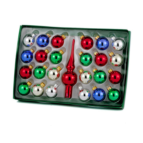30MM Multicolored Glass Ornament & Treetop Set, 25-Piece Box